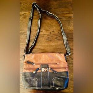 Stone & Co Crossbody Bag black & tan faux leather zippers storage